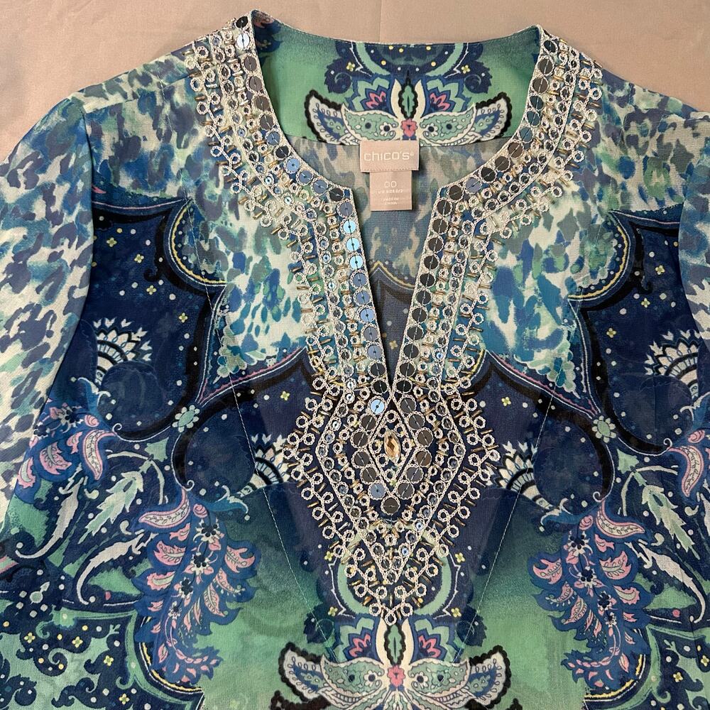 Chico's Blue Bedazzled, Funky Printed, Quarter Sleeve, Long Blouse- 00(0/2) - Picture 5 of 8
